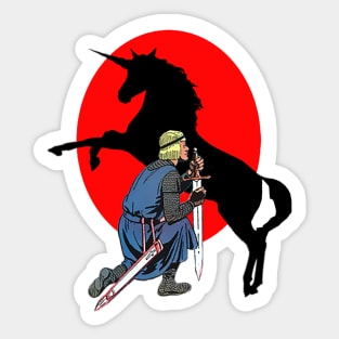 Medieval blond soldier and the horse unicorn Sticker